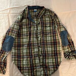 KAVU Women’s Plaid Button Front Shirt Green & Pink Cotton Long Sleeve Size Small